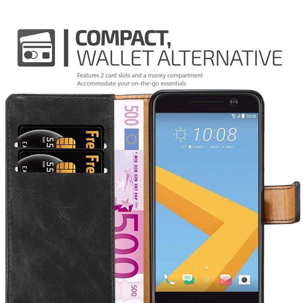 Portafoglio per telefono che mostra telefono, scomparti per carte e contanti. Il telefono mostra l'ora. Testo: Compatto, alternativa al portafoglio.