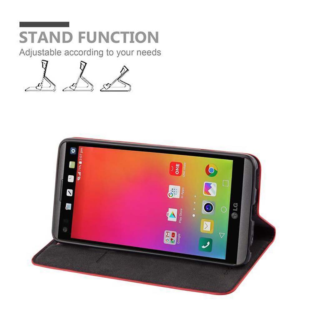 Un teléfono en una funda, de pie. La pantalla del teléfono muestra una pantalla de aplicación colorida.