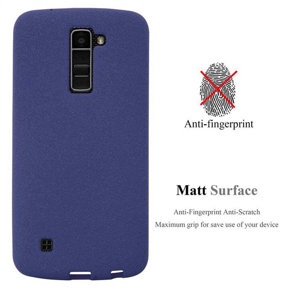Custodia blu per telefono con fotocamera posteriore e sensore impronte digitali. Testo: Superficie opaca, anti-impronte, antigraffio.