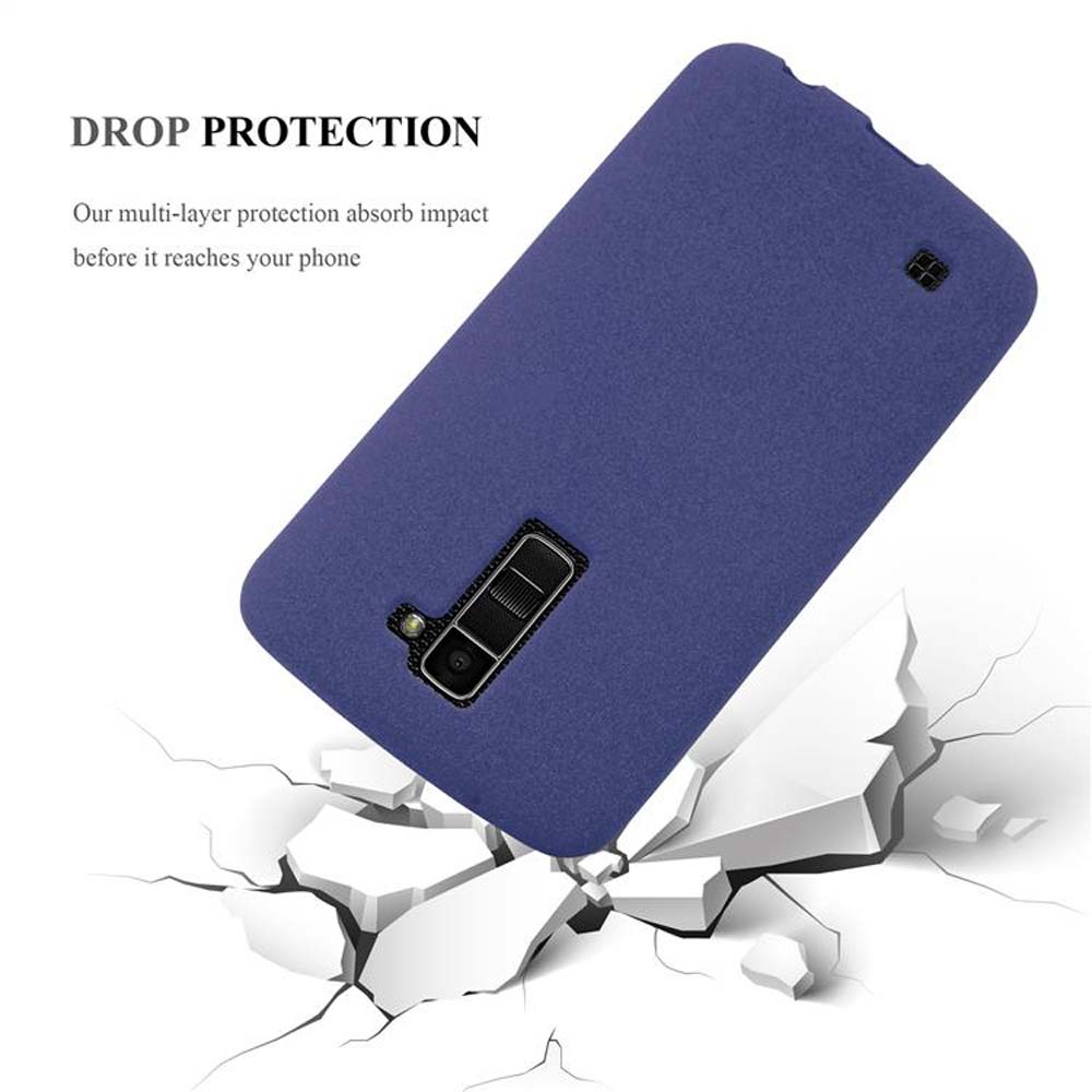 Custodia viola con telefono all'interno. La custodia è su una superficie rotta, protezione dalle cadute.