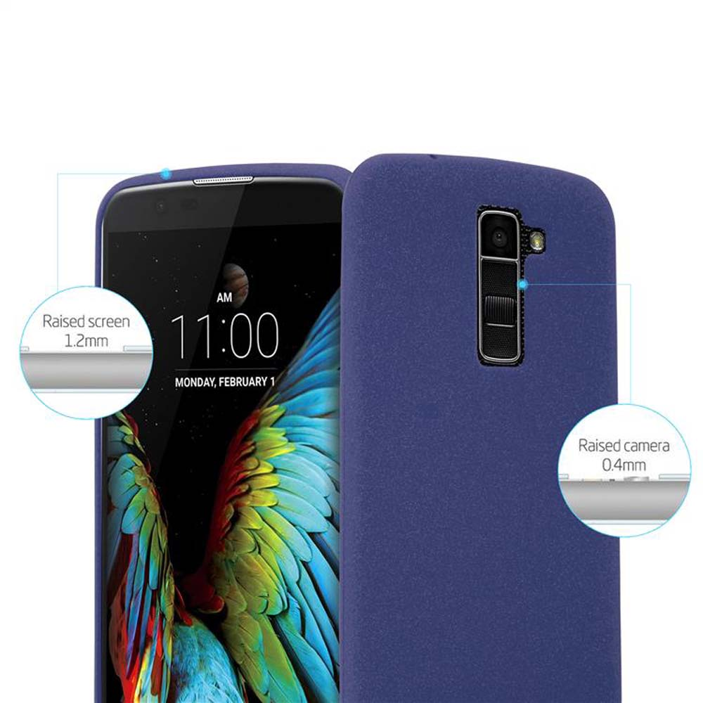 Primo piano di un telefono con custodia blu. Mostra lo schermo e il retro, con etichette che indicano schermo e fotocamera rialzati.