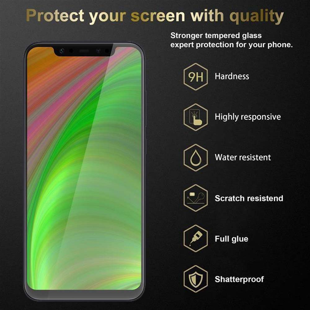 Telefono con protezione schermo. Testo: Proteggi il tuo schermo con qualità. Icone: Durezza, reattività, resistente all'acqua, ecc.