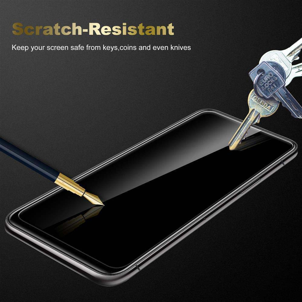 Un proteggi schermo con chiavi e una penna che indica. Il testo dice 'Resistente ai graffi'.