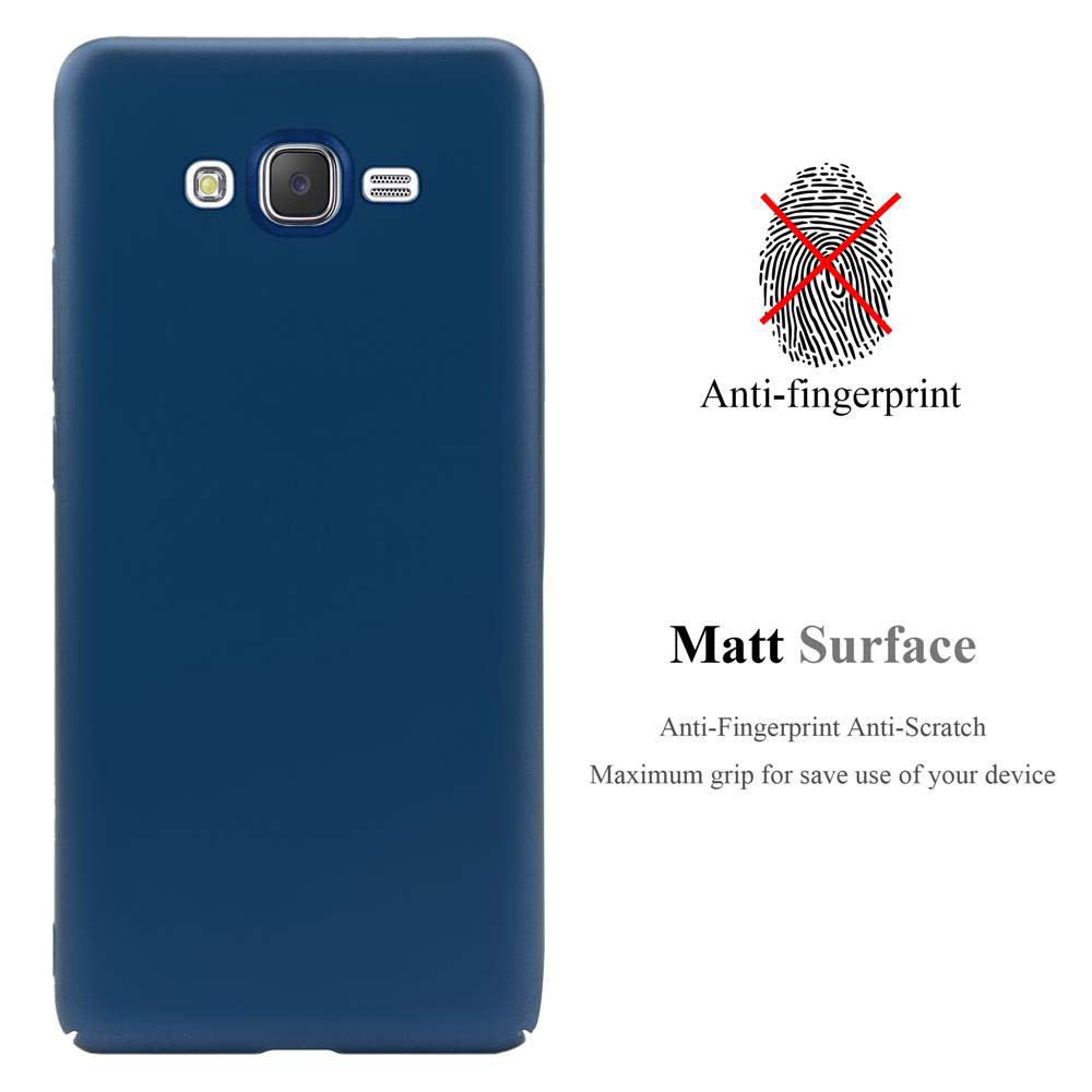Dunkelblaue Handyhülle mit Telefon. Text erwähnt Anti-Fingerabdruck und matte Oberflächenmerkmale.