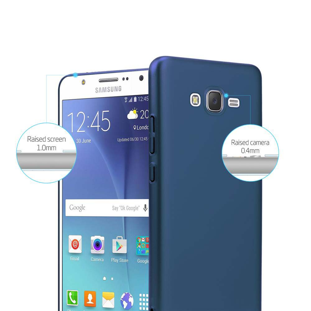Blaue Handyhülle mit Telefon. Text zeigt erhöhte Bildschirm- und Kameramaße.