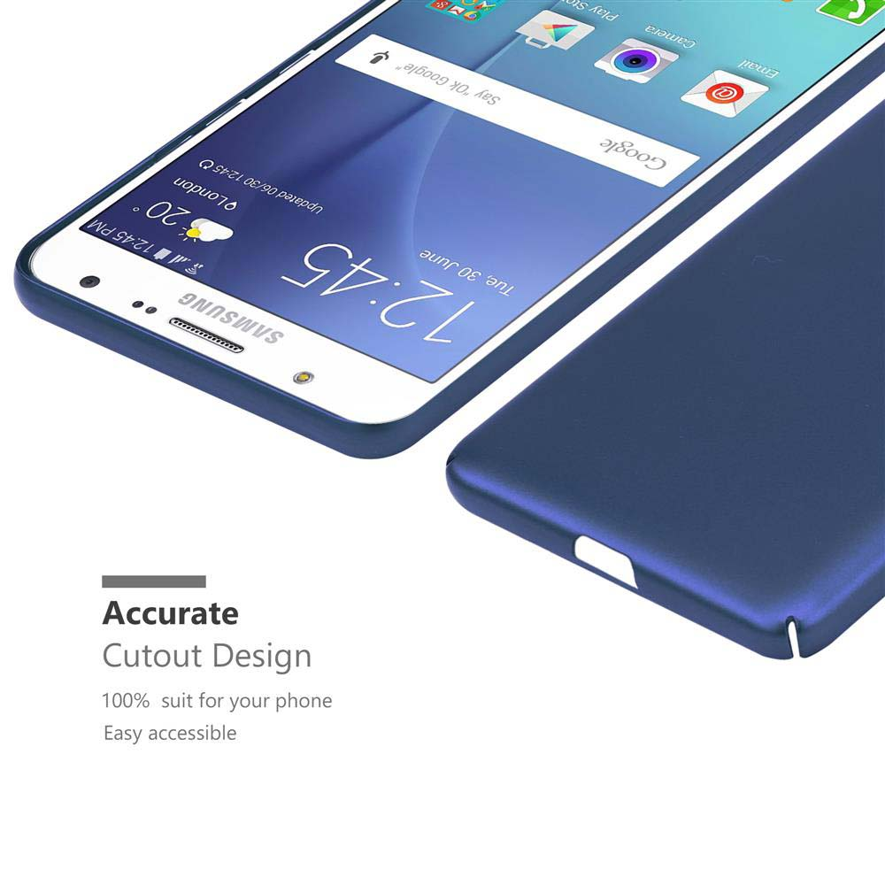 Eine blaue Handyhülle neben einem Samsung-Handy. Der Bildschirm zeigt Uhrzeit und Datum an. Text: Accurate Cutout Design.