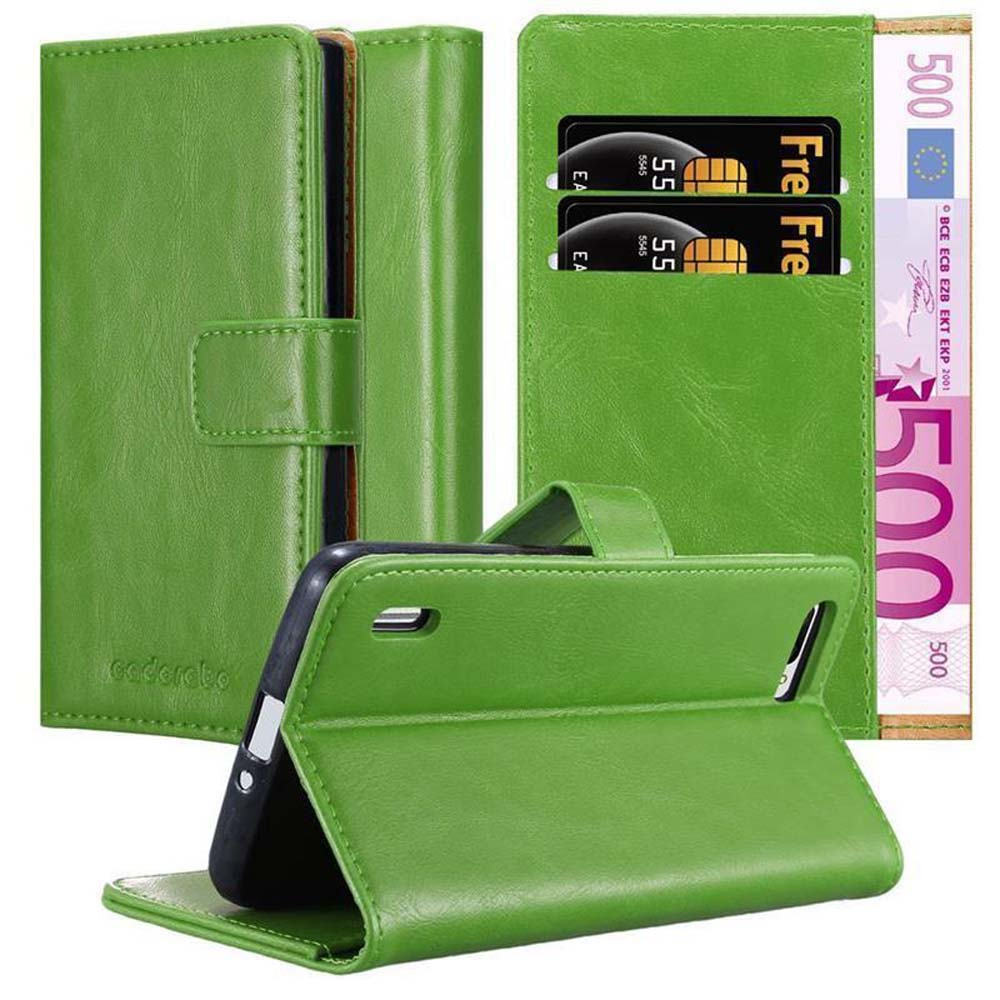 Custodia verde per telefono, con carte e una banconota da 500 euro.