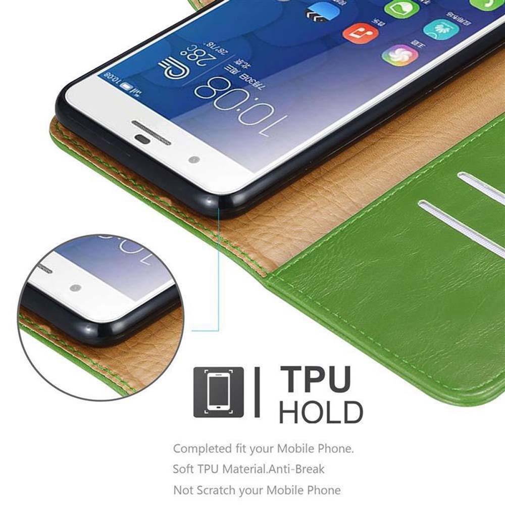 Telefono in una custodia verde in TPU, primo piano, che mostra dettagli e info sul materiale TPU.