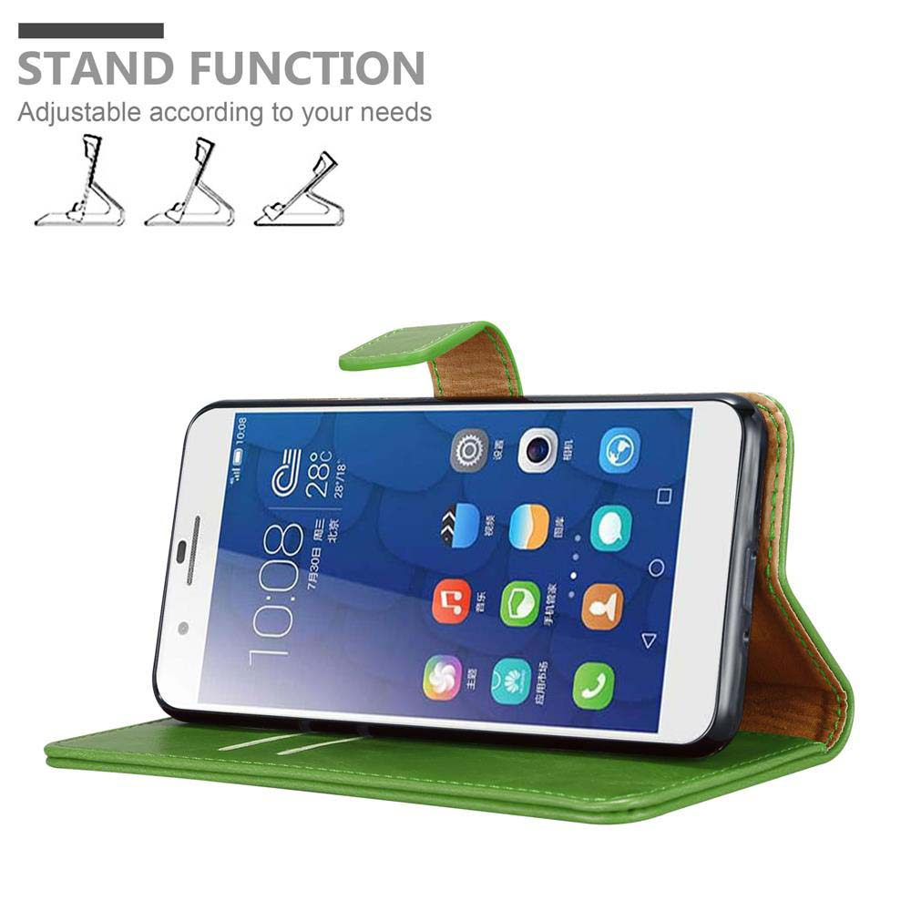 Custodia verde con telefono dentro. Il telefono mostra l'ora, le app. Funzione supporto. Testo: Funzione supporto.