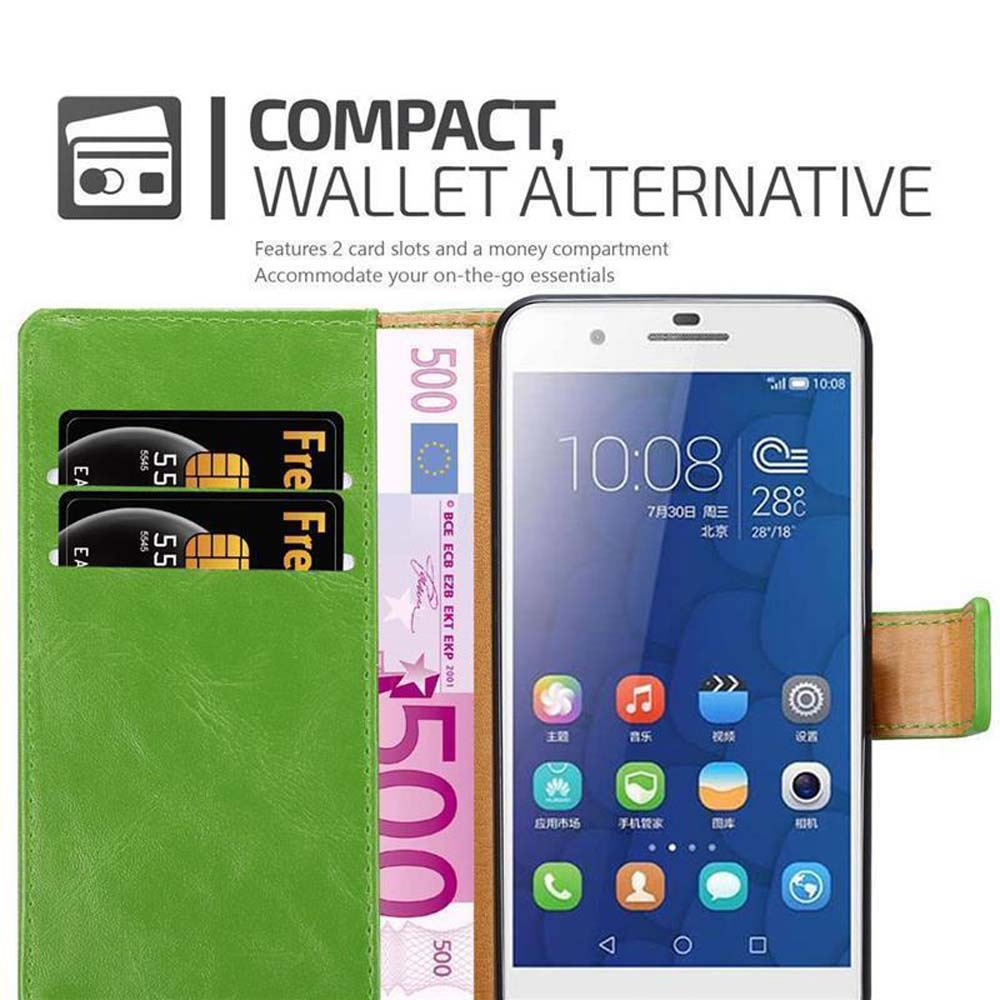 Custodia a portafoglio verde con telefono, denaro e carte di credito. Testo: ALTERNATIVA COMPATTA AL PORTAFOGLIO.