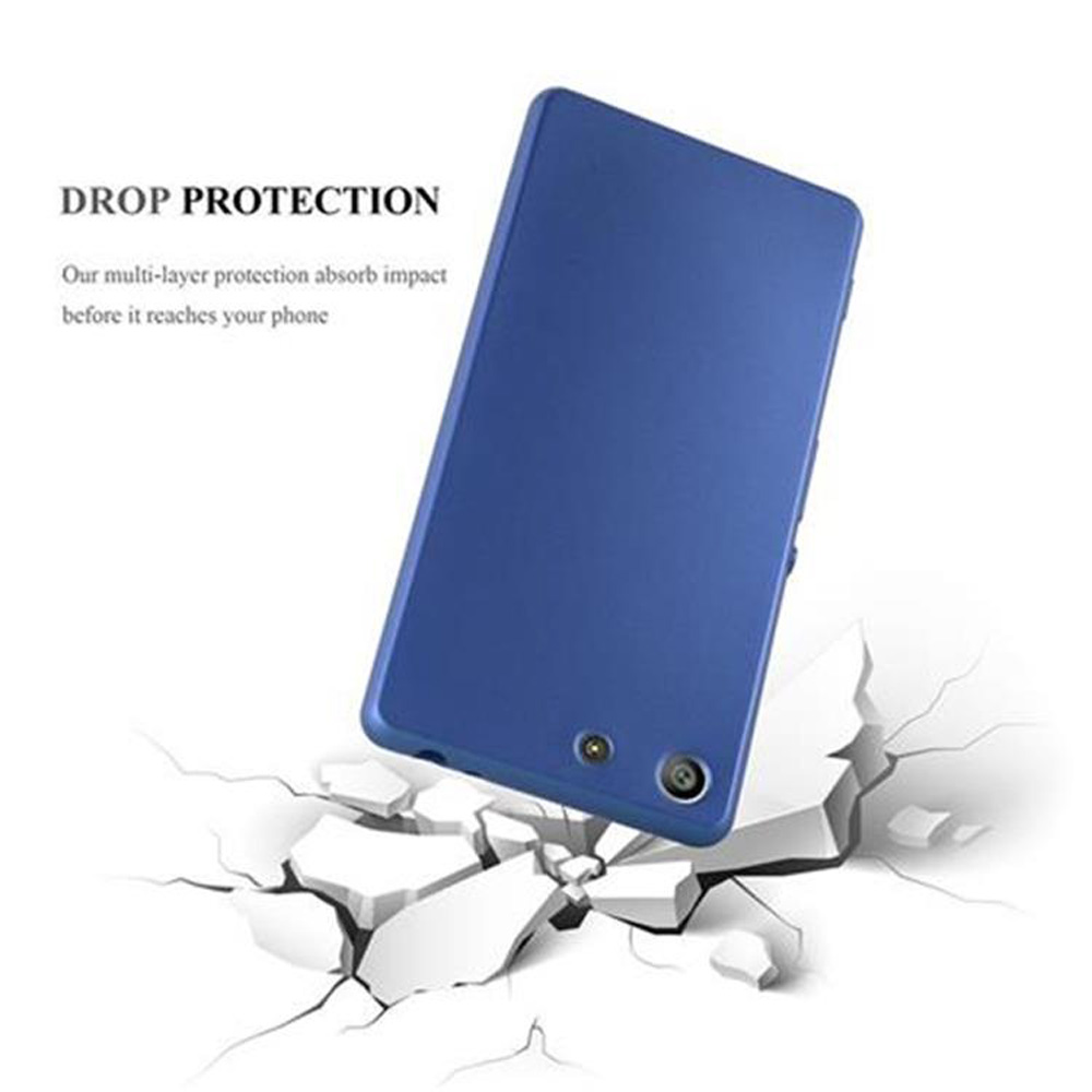 Custodia blu per telefono, angolata su superficie bianca crepata. Testo: 'Drop Protection'.