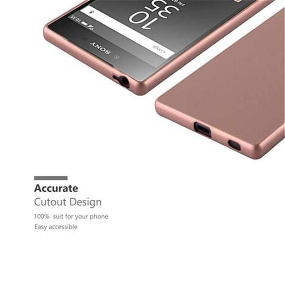 Custodia per telefono oro rosa con un telefono in alto. Testo: Design preciso del ritaglio. Adatto al 100% al tuo telefono.