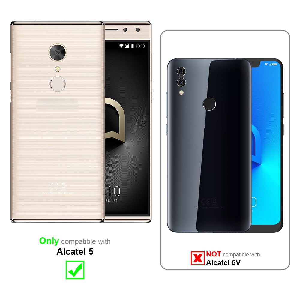 Due telefoni, uno dorato, uno nero, con testo che indica la compatibilità solo con Alcatel 5.