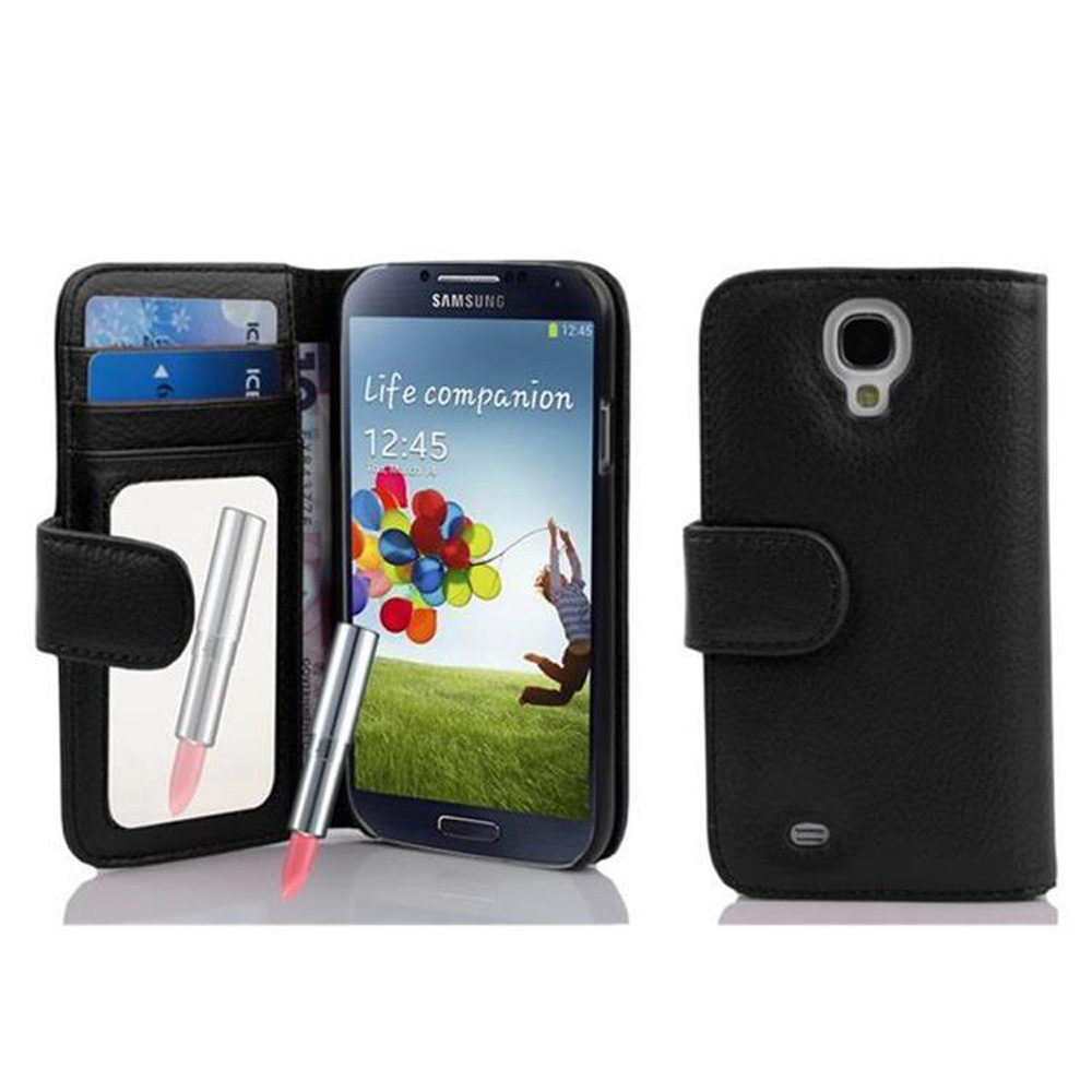 Custodia nera per telefono con telefono, carte e specchio. Il telefono mostra una schermata Life companion.