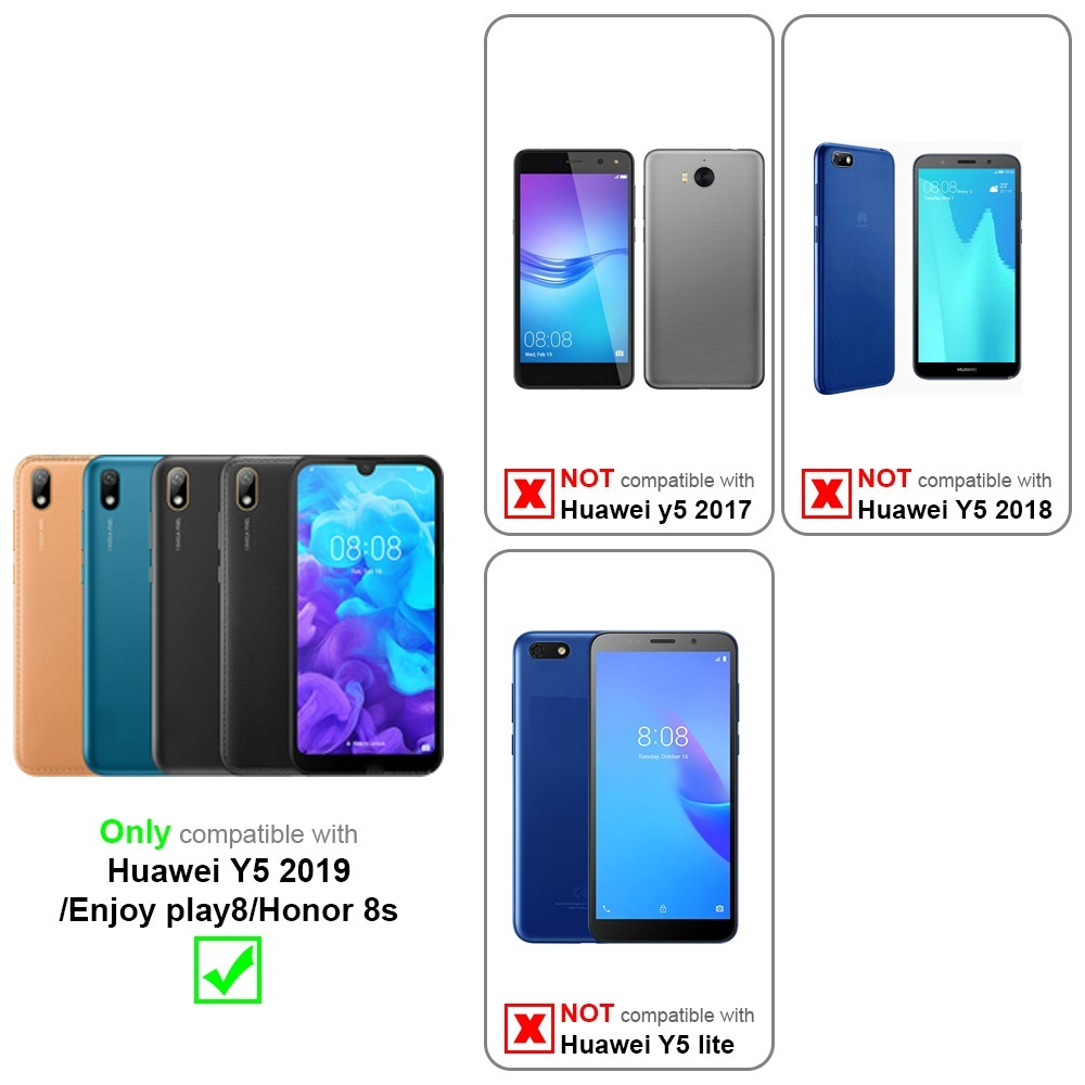 Drei Telefone und Hüllen. Text: Nur kompatibel mit Huawei Y5 2019 /Enjoy play8/Honor 8s.