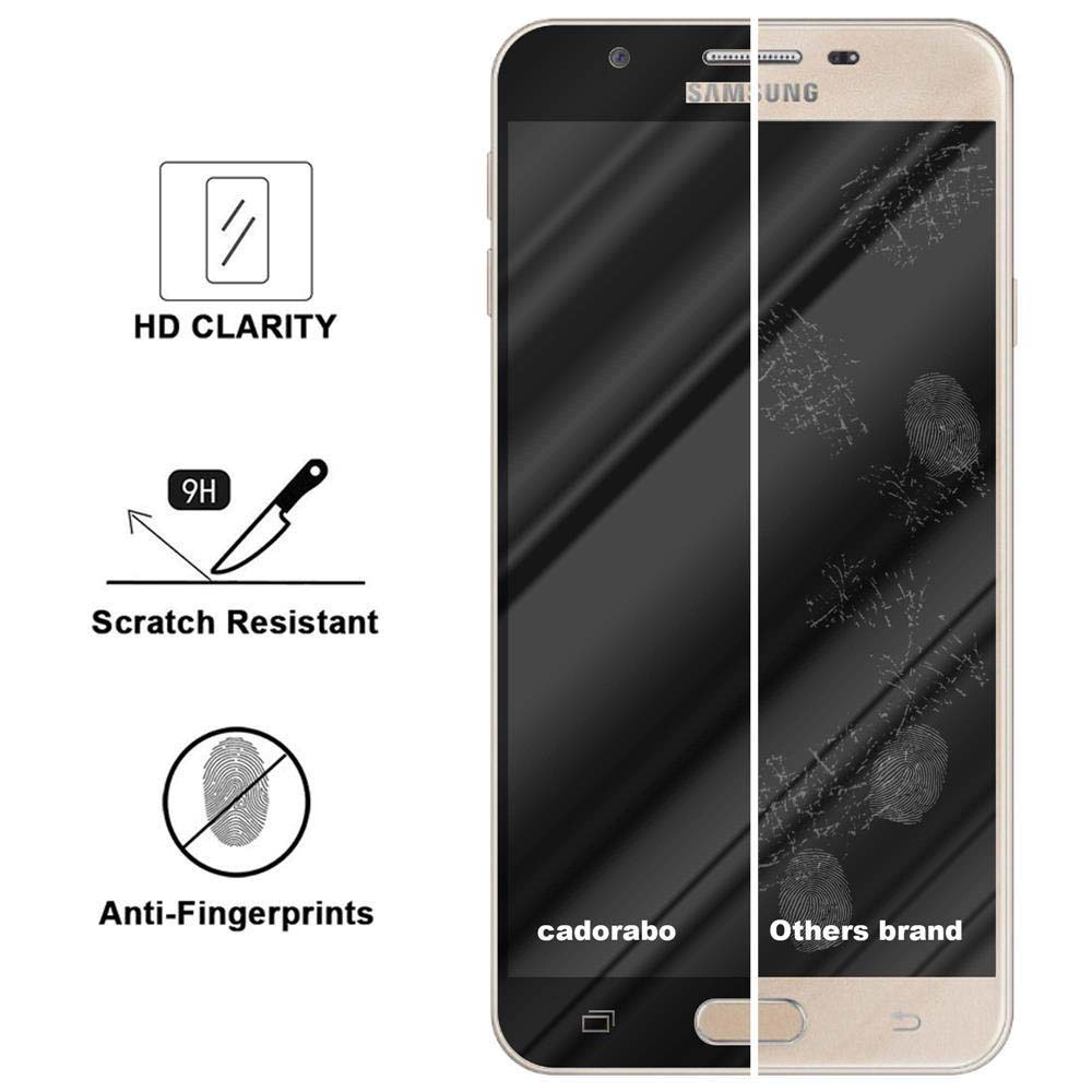 Schermo diviso di un telefono con protezione. Lato sinistro con logo, destro con impronte digitali.