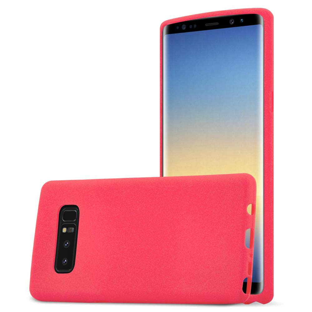 Custodia rossa per telefono, due pezzi, uno in piedi con schermo visibile, l'altro è la cover posteriore.