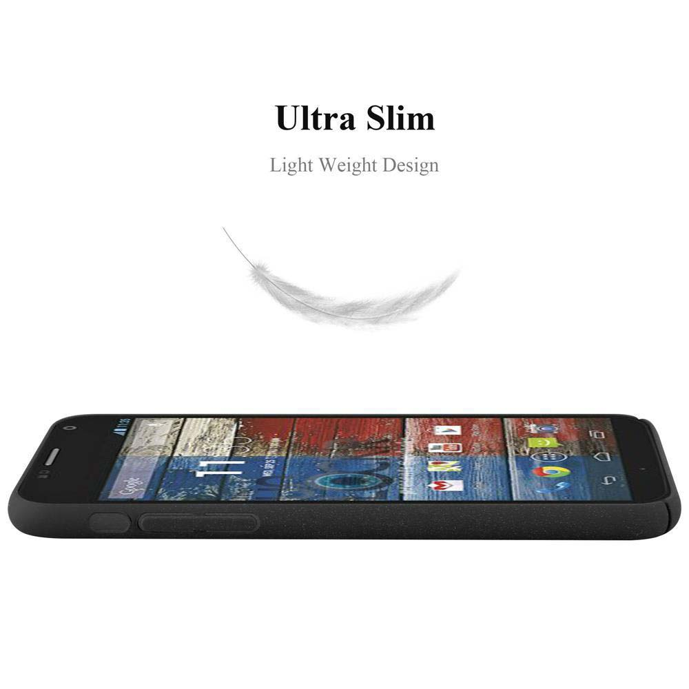 Una custodia nera per telefono è appoggiata su uno sfondo bianco. Il testo recita: Ultra Slim, Light Weight Design.