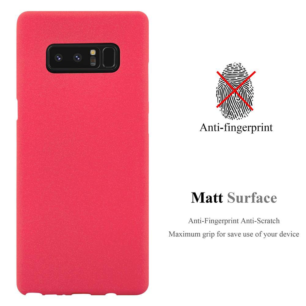 Custodia per telefono rossa con telefono all'interno. Anti-impronta, superficie opaca. Descrizione del prodotto su sfondo bianco.