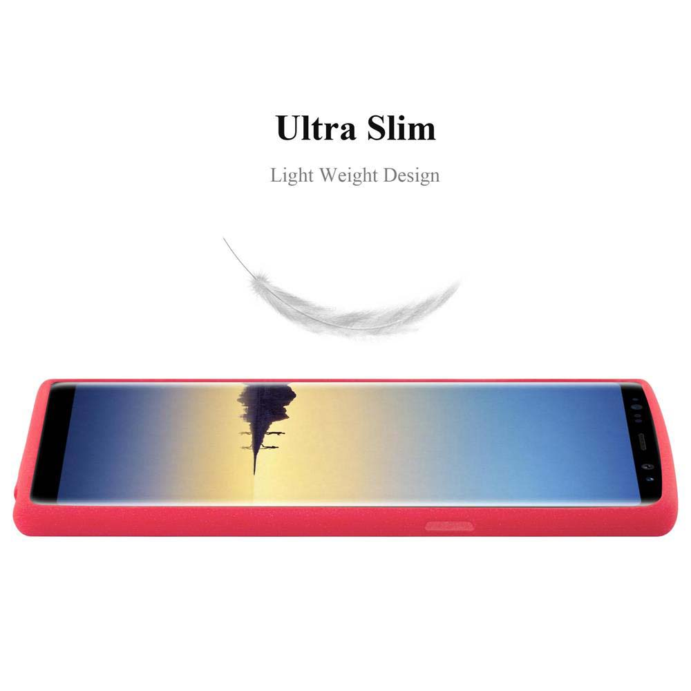 Una custodia per telefono rossa con un telefono. Una piuma fluttua sopra il telefono.
