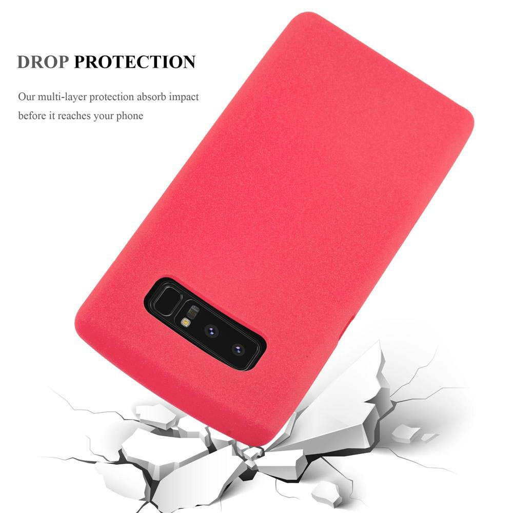 Custodia rossa per telefono, angolata. Testo: PROTEZIONE CADUTA. Testo: La nostra protezione multistrato assorbe l'impatto.