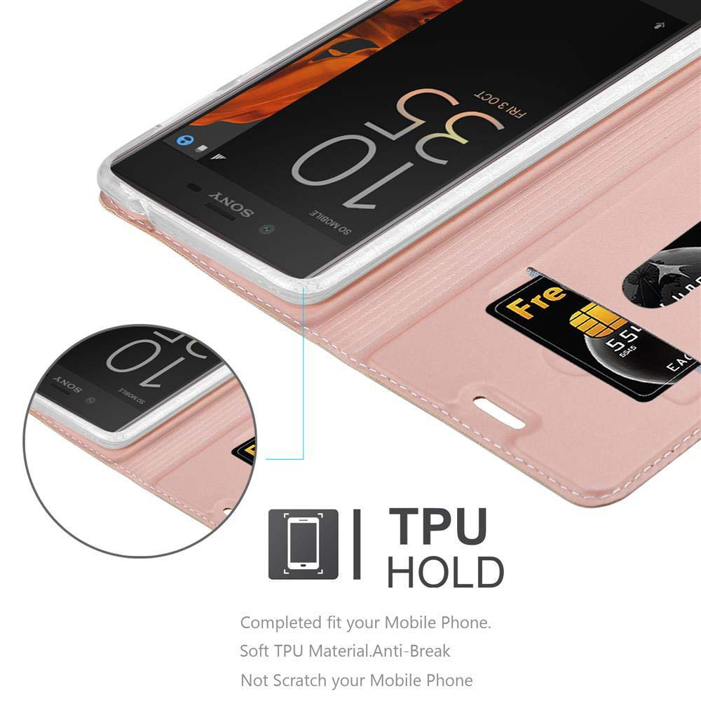 Telefono in custodia rosa, con carte di credito dentro. Ora visibile sullo schermo.