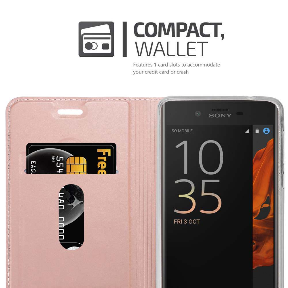 Custodia per telefono rosa aperta, che mostra carte e un telefono. Il telefono mostra ora e data. Custodia con fessure.