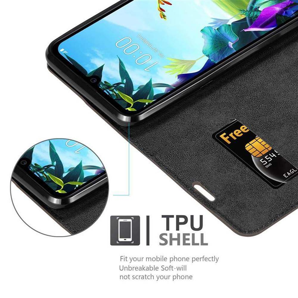 Telefono nero in una custodia aperta con carte e contanti visibili. La custodia ha un guscio in TPU.