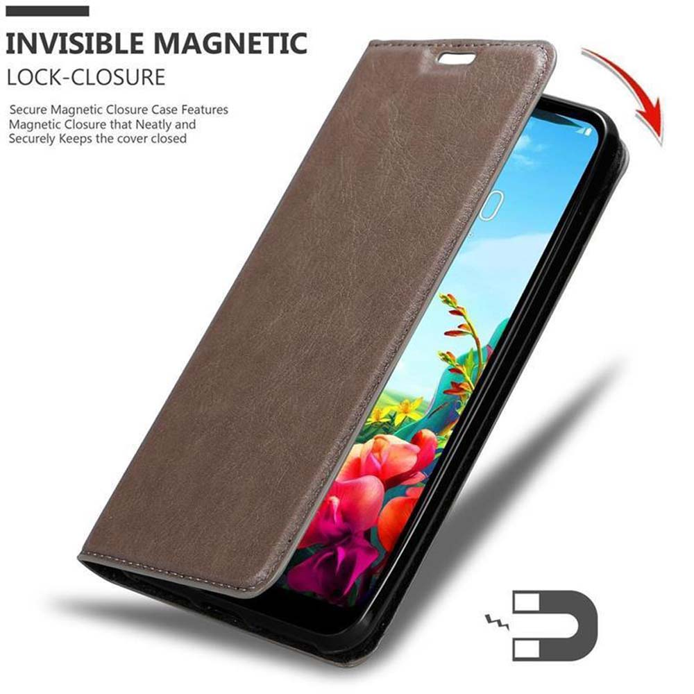 Custodia per telefono con chiusura magnetica. La custodia è marrone e aperta.