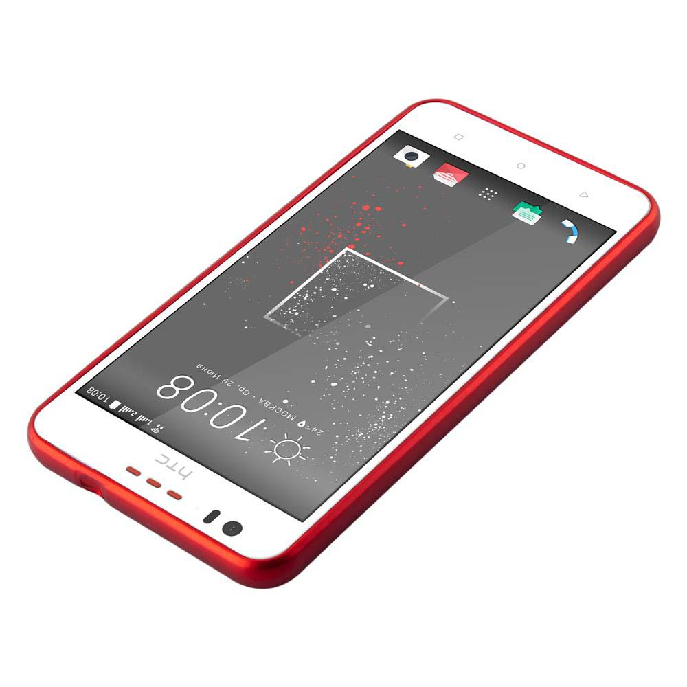Una funda roja rodea un teléfono. La pantalla muestra un gráfico. Muestra la hora y el logo HTC.