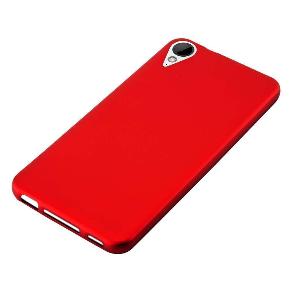 Funda roja para teléfono con el teléfono dentro. La funda se muestra desde la parte trasera con un orificio para la cámara.