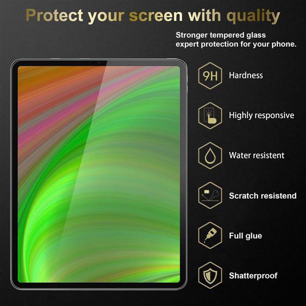 Uno schermo del tablet con una sfumatura colorata e una protezione schermo con le caratteristiche del prodotto.