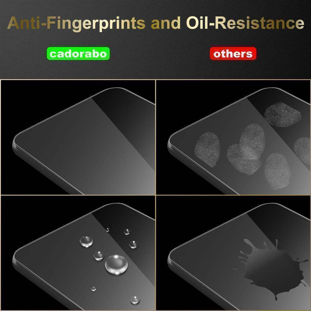 Schermi che mostrano la resistenza a impronte digitali e olio. Uno mostra uno schermo pulito, altri mostrano impronte e macchie d'olio.