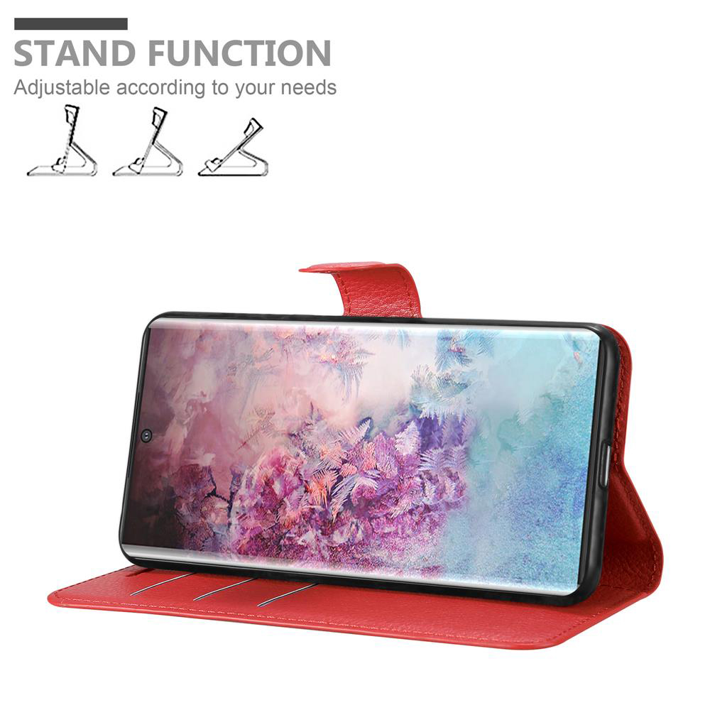 Rote Handyhülle mit Telefon, die Standfunktion wird gezeigt, zusammen mit dem Text.