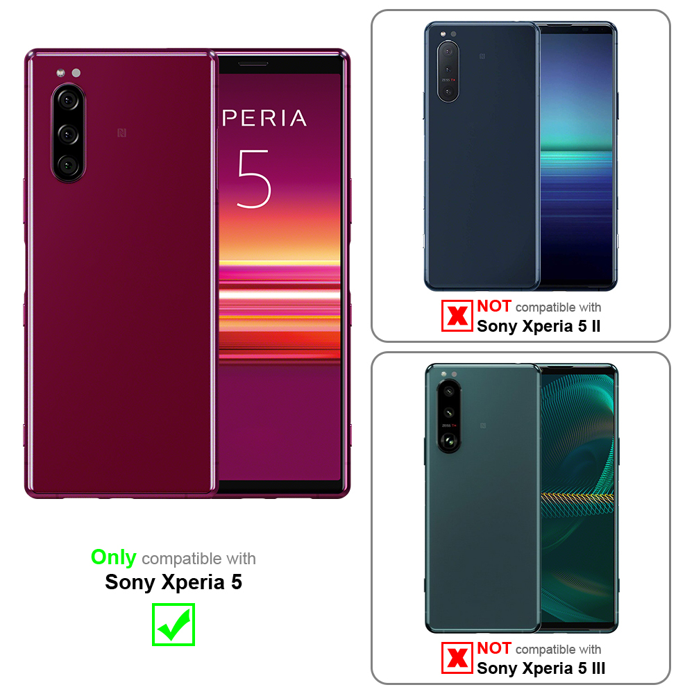 Custodie per telefono, una rossa, una blu e due grigie. La custodia rossa è compatibile solo con Sony Xperia 5.