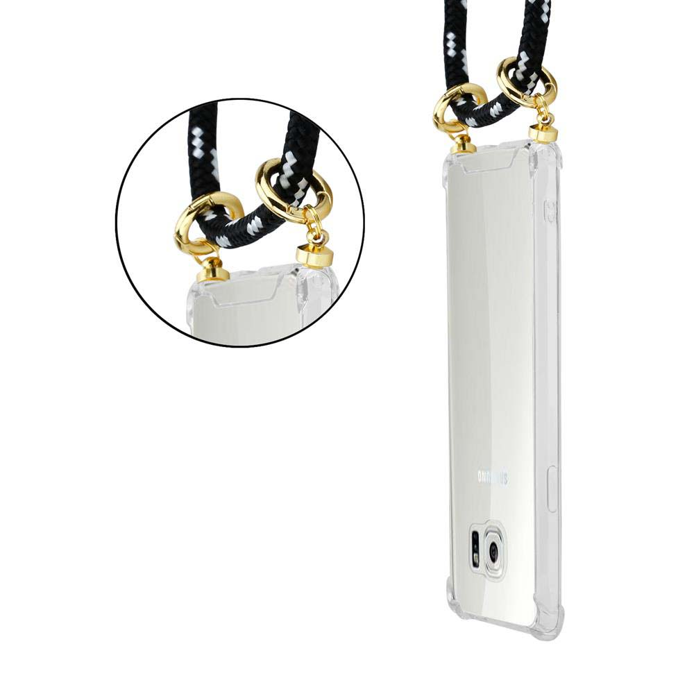 Una custodia per telefono con un cordino. La custodia è trasparente e il cordino ha un design in bianco e nero.