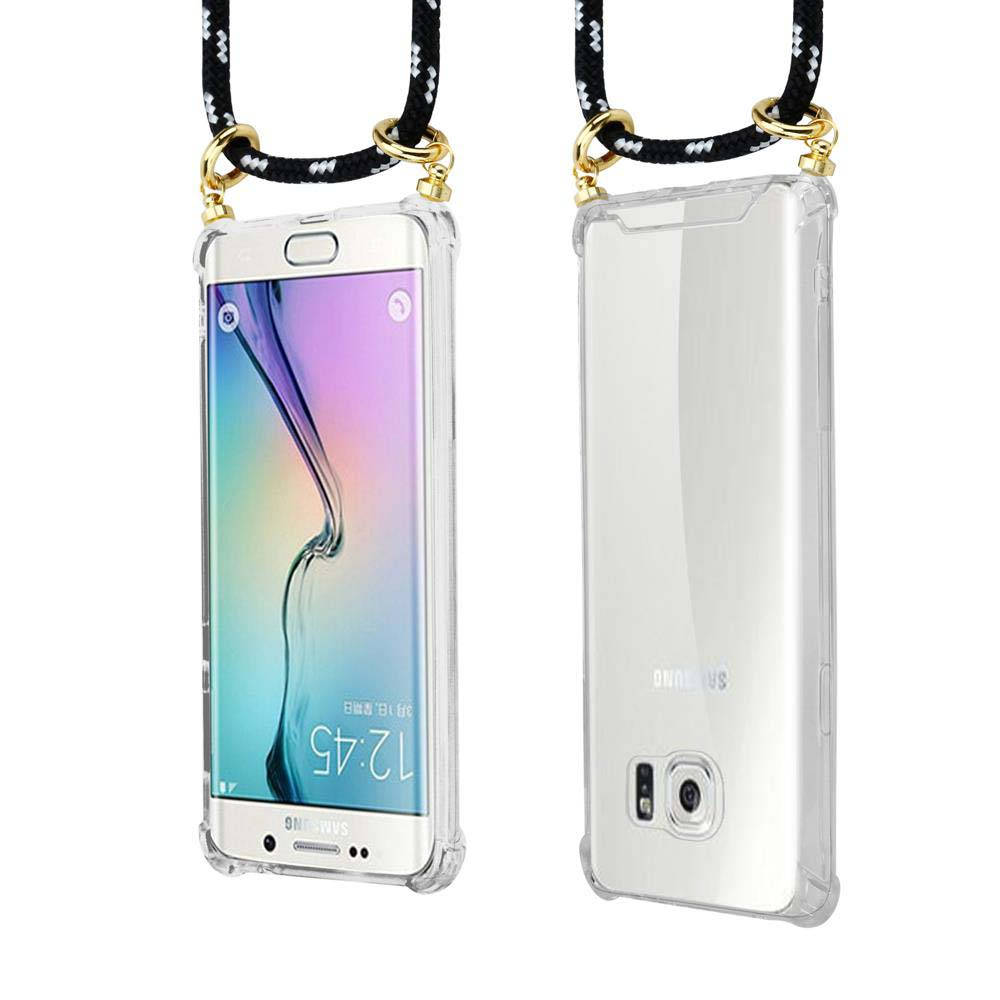 Due telefoni con custodie trasparenti appesi a un cordino bianco e nero. Schermi visibili.