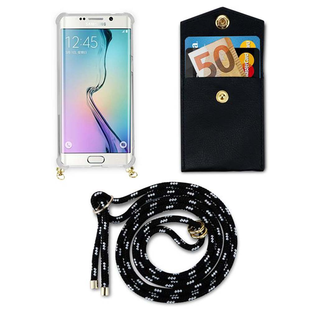 Un telefono in una custodia trasparente con un cinturino nero. Viene mostrato un porta carte con una banconota da 50 dollari.