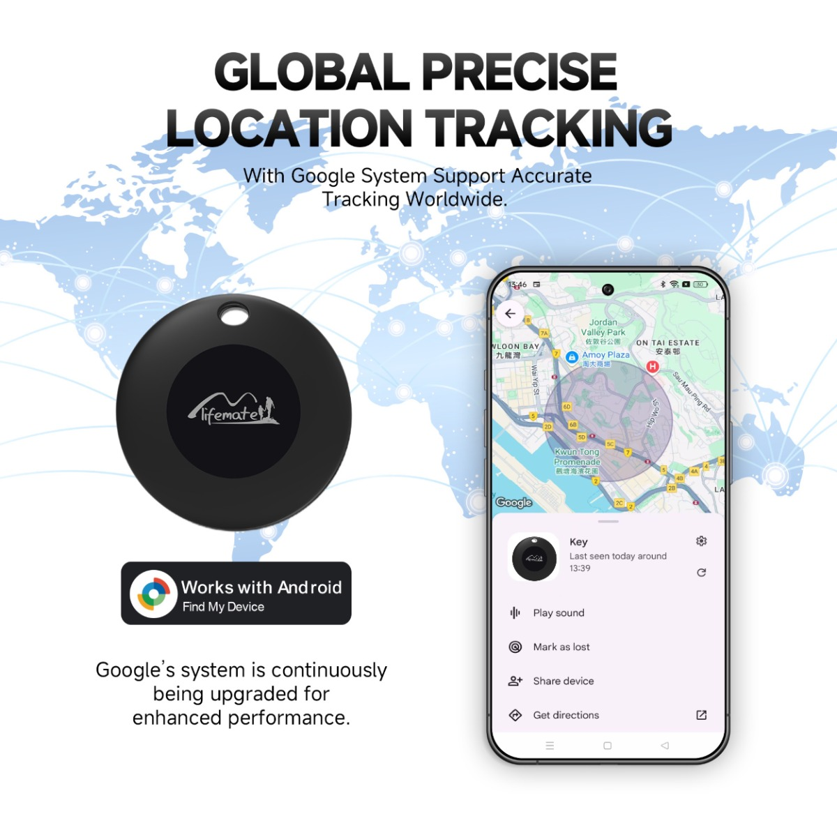 Dispositivo circular negro con un teléfono mostrando un mapa y seguimiento.
