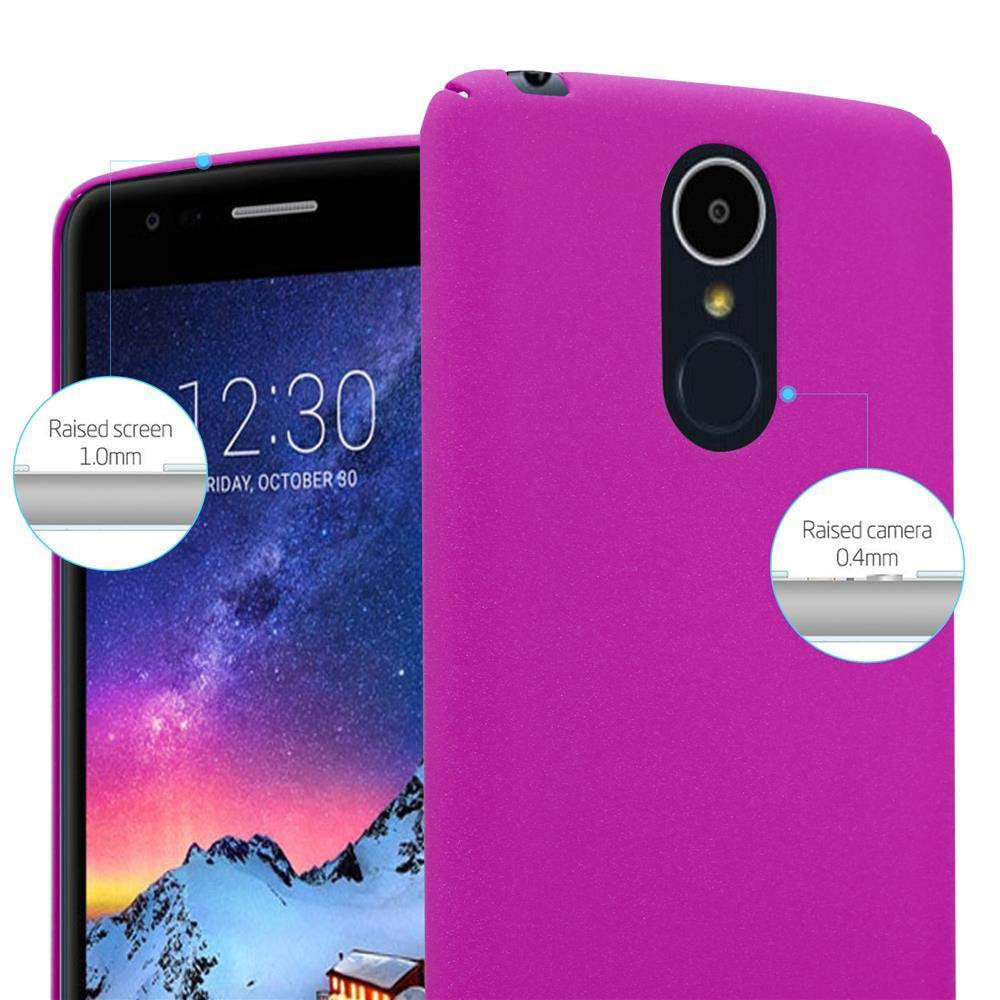 Ein Telefon mit rosa Hülle zeigt den Bildschirm. Details des erhöhten Bildschirms und der Kamera werden hervorgehoben.