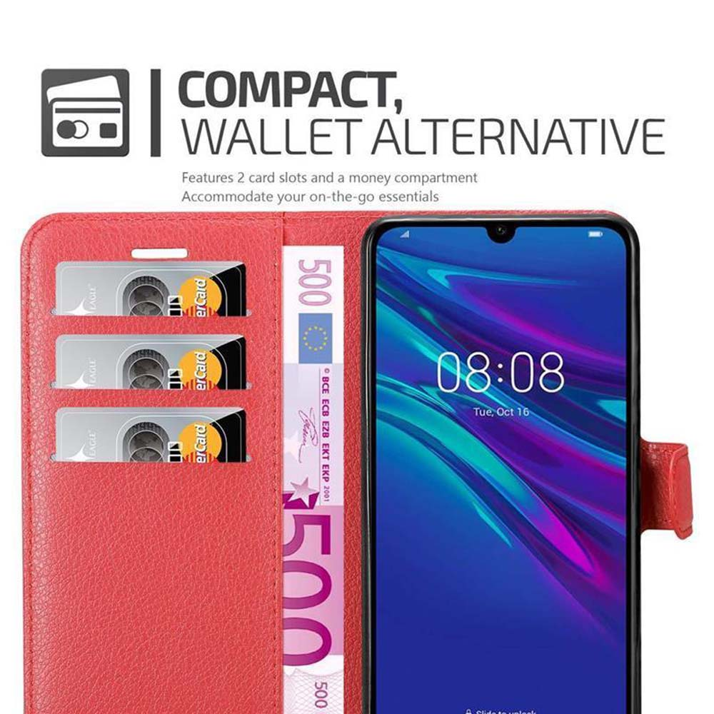 Telefono in custodia a portafoglio rossa con fessure per carte, denaro e schermo che mostra l'ora.