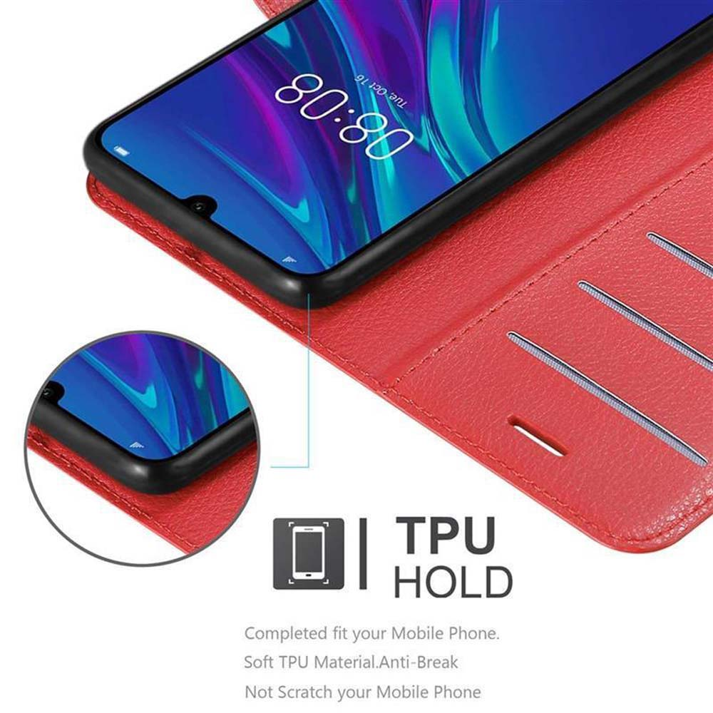 Custodia in pelle rossa con telefono all'interno, che mostra la funzione di supporto in TPU e il testo.