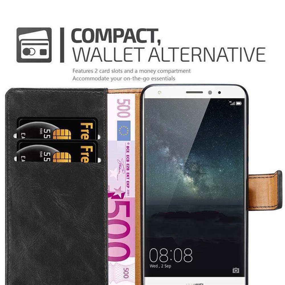 Un telefono in una custodia a portafoglio con scomparti per carte, denaro e lo schermo del telefono che mostra l'ora.