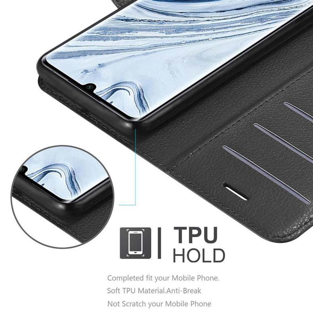 Eine schwarze Handyhülle mit einem Telefon darin. Das Etui hat Kartenfächer und ist mit TPU HOLD beschriftet.