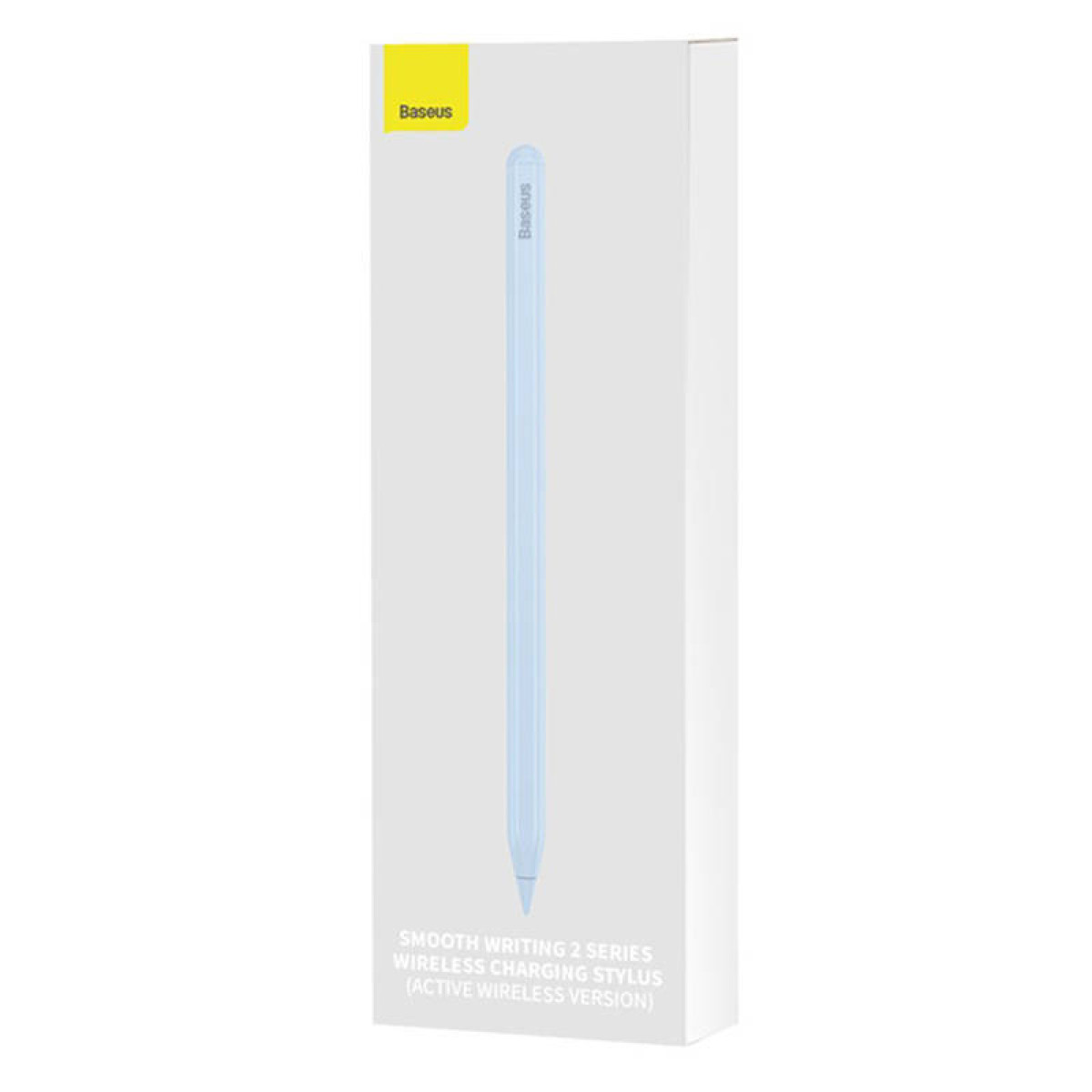 Weiß-blauer Stylus-Stift mit der Marke Baseus in einer weißen Box.