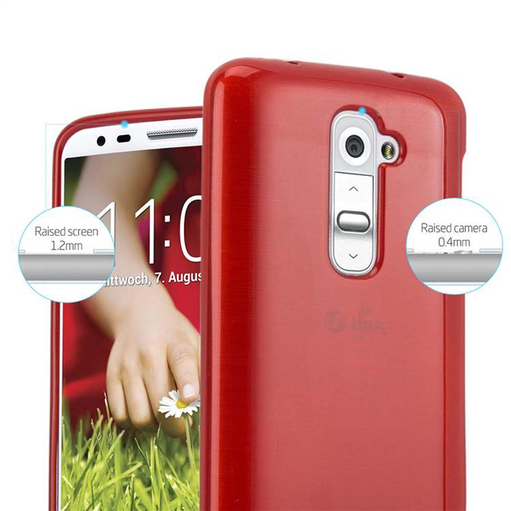 Funda de teléfono roja con un teléfono dentro. Muestra la pantalla y la cámara con su protección elevada.