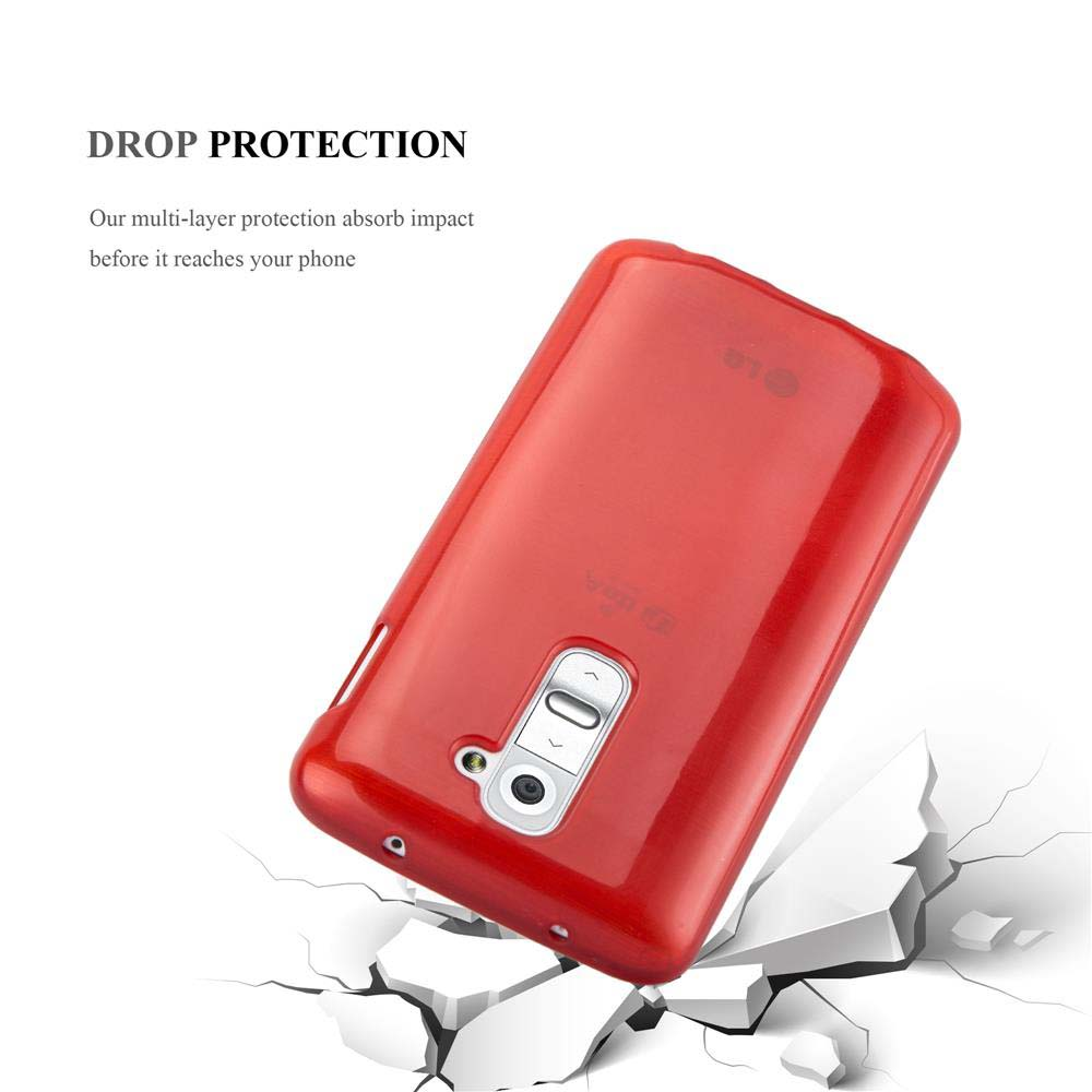 Funda roja para teléfono con teléfono dentro, cayendo sobre concreto roto. 'Protección contra caídas'.