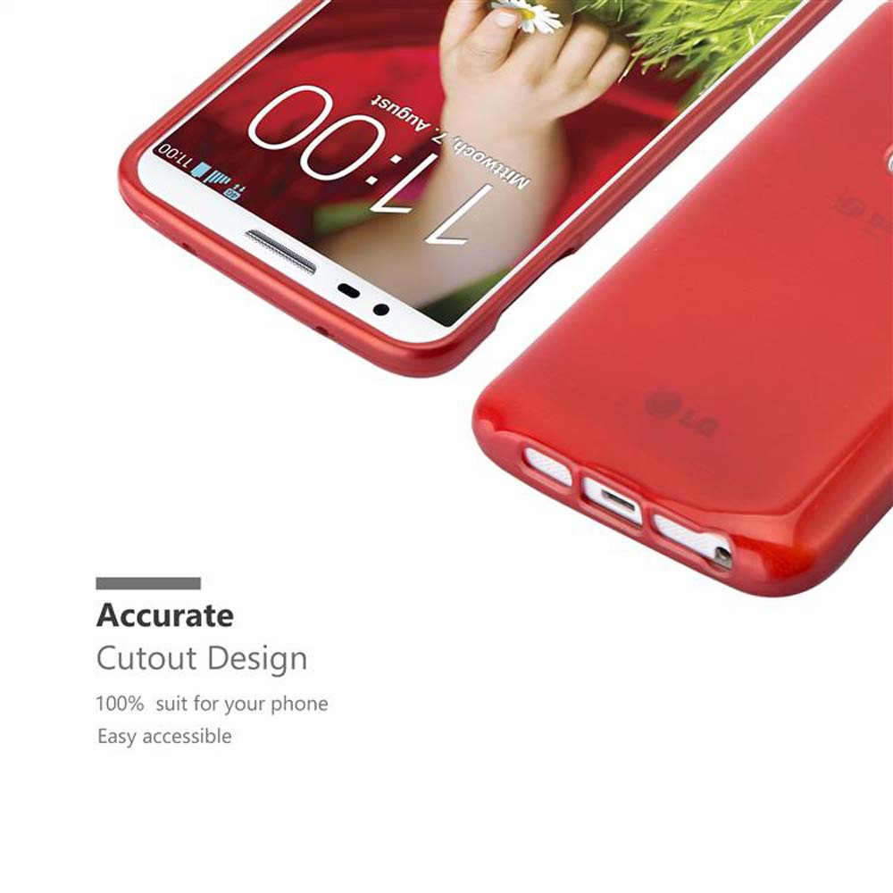 Funda roja para teléfono con teléfono dentro. Texto: Diseño de corte preciso.
