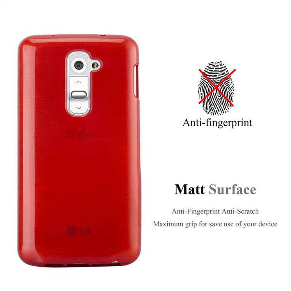 Funda de teléfono roja con orificio para la cámara. Texto: Antihuellas, Superficie mate, Antiarañazos, Agarre máximo.
