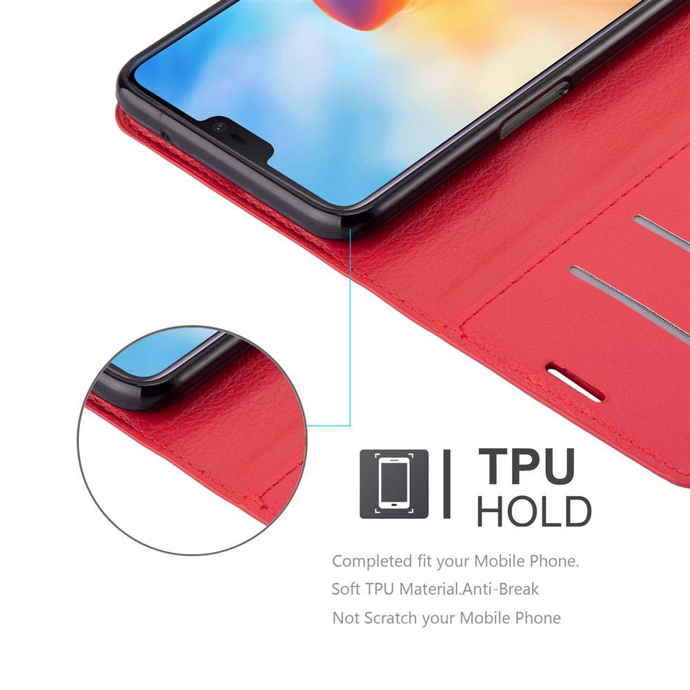 Telefono in custodia rossa, che mostra la custodia con testo. Testo TPU HOLD.